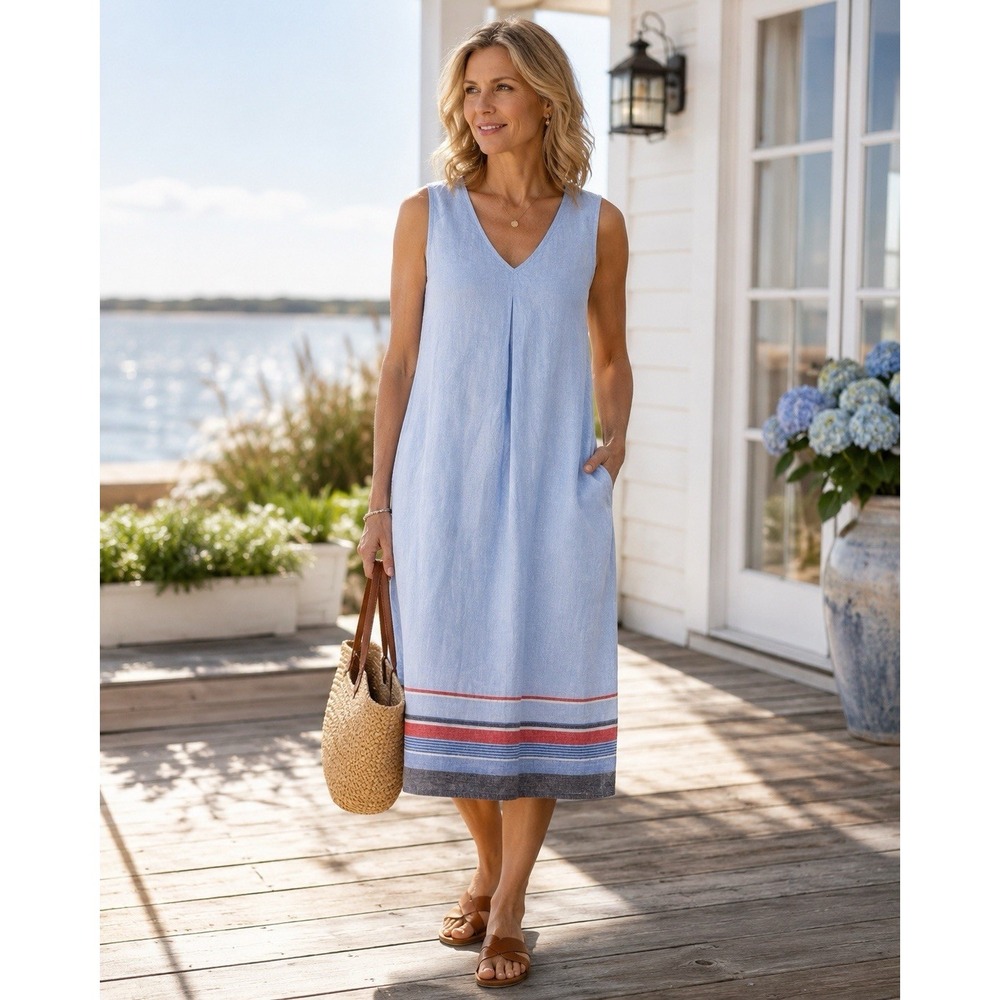 J. Jill Linen Blue Shift Dress Sz M Stripe Sleeveless V Neck Lagenlook Coastal
